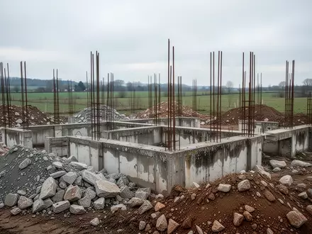Eine verlassene, unfertige Baustelle mit Betonfundamenten und freiliegenden Stahlarmierungen auf einem leeren Grundstück. - Foto: über boerse-global.de