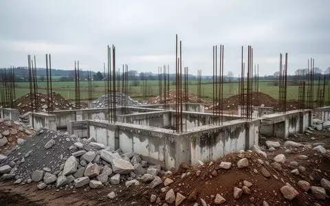 Eine verlassene, unfertige Baustelle mit Betonfundamenten und freiliegenden Stahlarmierungen auf einem leeren Grundstück. - Foto: über boerse-global.de