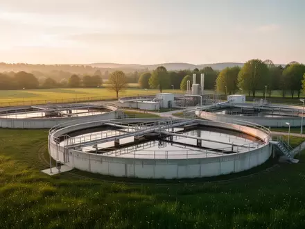 Moderne Kläranlage mit runden Becken in einer grünen Landschaft bei Sonnenuntergang. - Foto: über boerse-global.de