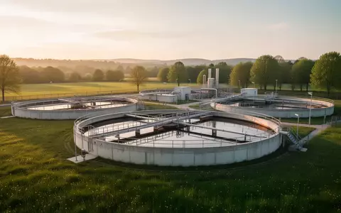 Moderne Kläranlage mit runden Becken in einer grünen Landschaft bei Sonnenuntergang. - Foto: über boerse-global.de