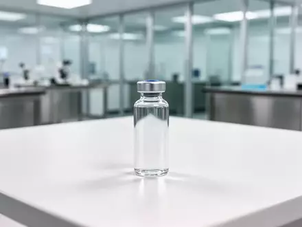 Ein steriles medizinisches Glasfläschchen auf einem weißen Labortisch vor einem unscharfen Hintergrund aus Edelstahl und Glas. - Foto: über boerse-global.de