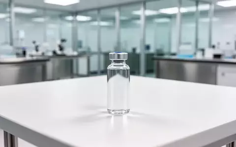 Ein steriles medizinisches Glasfläschchen auf einem weißen Labortisch vor einem unscharfen Hintergrund aus Edelstahl und Glas. - Foto: über boerse-global.de