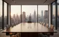 Ein minimalistischer, heller Konferenzraum mit einem großen Holztisch und Blick auf eine ruhige Stadt bei Tagesanbruch. - Foto: über boerse-global.de