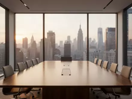 Ein minimalistischer, heller Konferenzraum mit einem großen Holztisch und Blick auf eine ruhige Stadt bei Tagesanbruch. - Foto: über boerse-global.de