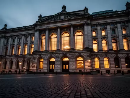Die nächtliche Fassade eines historischen Regierungsgebäudes mit beleuchteten Fenstern und einem leeren Vorplatz. - Foto: über boerse-global.de