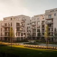 Moderne Wohnhausanlage in Wien mit Balkonen und Grünflächen bei Sonnenuntergang. - Foto: über boerse-global.de