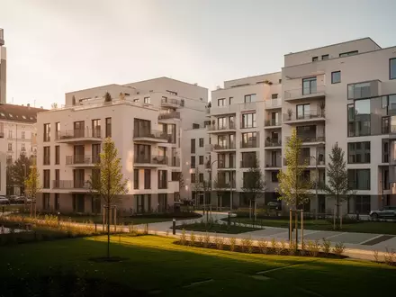 Moderne Wohnhausanlage in Wien mit Balkonen und Grünflächen bei Sonnenuntergang. - Foto: über boerse-global.de