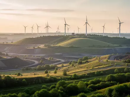 Eine weitläufige, renaturierte Industrielandschaft mit Windkraftanlagen bei Sonnenuntergang im Rheinischen Revier. - Foto: über boerse-global.de