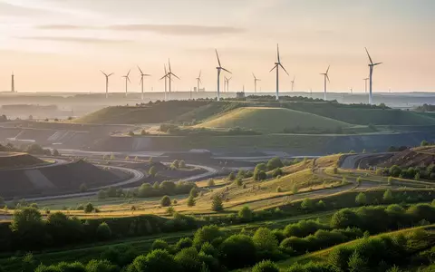 Eine weitläufige, renaturierte Industrielandschaft mit Windkraftanlagen bei Sonnenuntergang im Rheinischen Revier. - Foto: über boerse-global.de