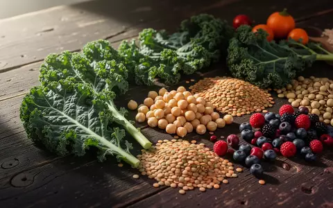 Frisches, rohes Gemüse, Hülsenfrüchte und Vollkornprodukte auf einer dunklen Holzoberfläche als Symbol für gesunde Ernährung. - Foto: über boerse-global.de