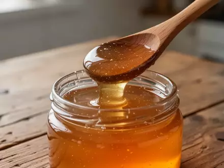 Ein goldener Honig in einem Glas auf einem Holztisch, beleuchtet durch natürliches Licht. - Foto: über boerse-global.de