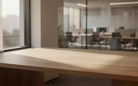 Ein minimalistischer, lichtdurchfluteter Arbeitsplatz mit einem leeren Holztisch in einer modernen Büroumgebung. - Foto: über boerse-global.de