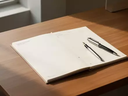 Ein minimalistischer hölzerner Schreibtisch mit einem leeren Notizbuch und einem Füllfederhalter bei natürlichem Tageslicht. - Foto: über boerse-global.de
