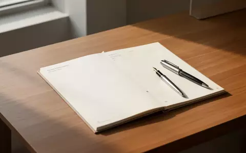 Ein minimalistischer hölzerner Schreibtisch mit einem leeren Notizbuch und einem Füllfederhalter bei natürlichem Tageslicht. - Foto: über boerse-global.de