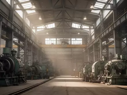 Innenansicht einer modernen Industriehalle mit großen Maschinen und Stahlträgern bei natürlichem Lichteinfall. - Foto: über boerse-global.de