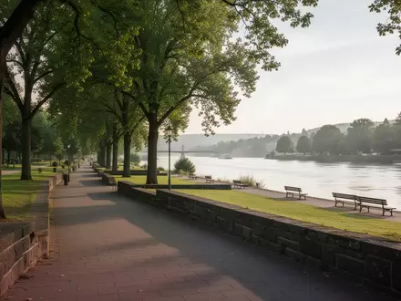 Neugestaltetes Rheinufer in Boppard mit Grünflächen, Bäumen und Blick auf den Fluss. - Foto: über boerse-global.de