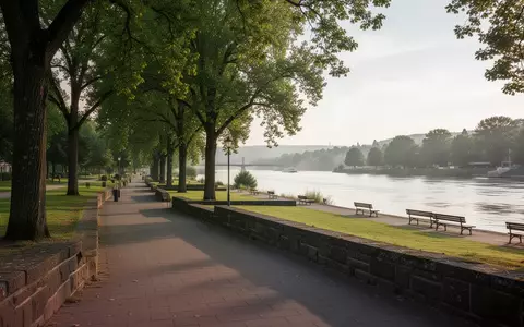 Neugestaltetes Rheinufer in Boppard mit Grünflächen, Bäumen und Blick auf den Fluss. - Foto: über boerse-global.de