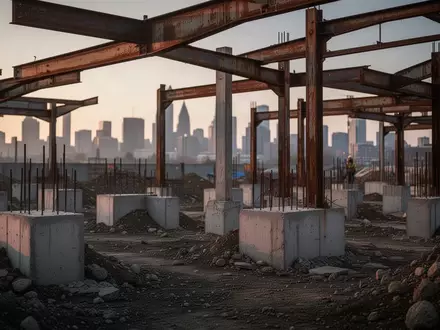 Eine verlassene städtische Baustelle mit Stahlträgern und Betonfundamenten bei Dämmerung. - Foto: über boerse-global.de