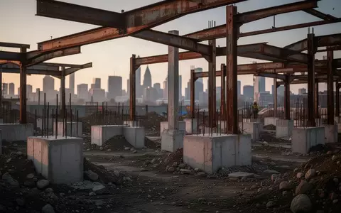 Eine verlassene städtische Baustelle mit Stahlträgern und Betonfundamenten bei Dämmerung. - Foto: über boerse-global.de