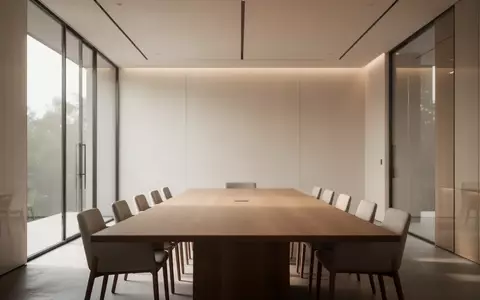 Ein minimalistischer, moderner Meetingraum mit hellem Holztisch und natürlichem Licht, der eine ruhige Arbeitsatmosphäre ausstrahlt. - Foto: über boerse-global.de