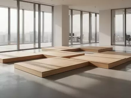 Minimalistisch gestalteter, heller Büroraum mit modularen, quadratischen Plattformen auf einem Betonboden. - Foto: über boerse-global.de