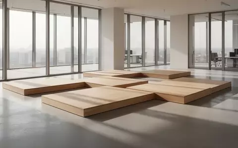 Minimalistisch gestalteter, heller Büroraum mit modularen, quadratischen Plattformen auf einem Betonboden. - Foto: über boerse-global.de