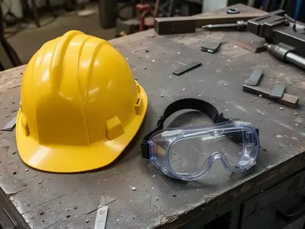 Symbolbild: Schutzhelm und Schutzbrille auf einer Werkbank - Foto: über boerse-global.de