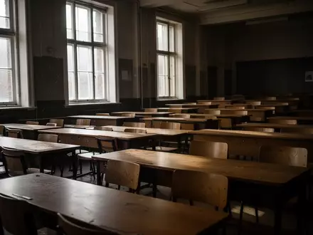 Ein leerer, ruhig beleuchteter Hörsaal mit hölzernen Sitzreihen in einer Universität. - Foto: über boerse-global.de