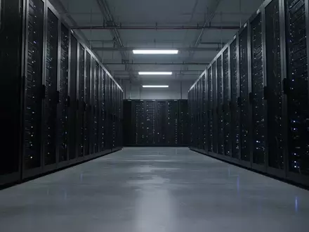 Reihen von dunklen, stillen Server-Racks in einem modernen, schwach beleuchteten Rechenzentrum. - Foto: über boerse-global.de