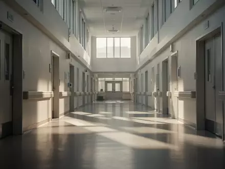 Ein heller, leerer Krankenhausflur mit natürlichem Lichteinfall und minimalistischer Architektur. - Foto: über boerse-global.de
