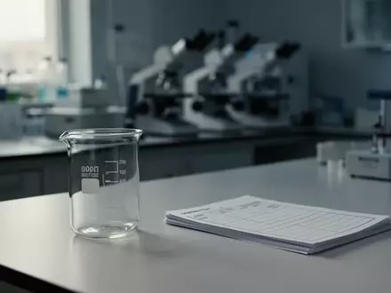 Ein steriler, modern eingerichteter Laborraum mit einem leeren Glasbecher auf einem weißen Arbeitstisch in ruhigem Licht. - Foto: über boerse-global.de