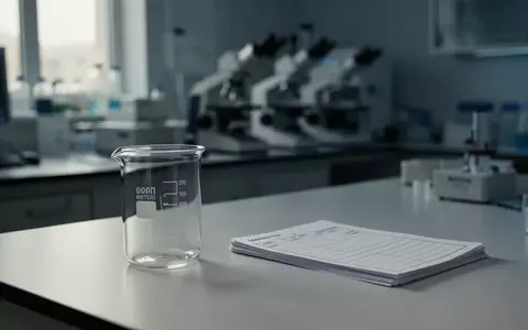 Ein steriler, modern eingerichteter Laborraum mit einem leeren Glasbecher auf einem weißen Arbeitstisch in ruhigem Licht. - Foto: über boerse-global.de