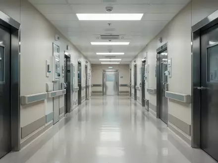 Ein steriler, menschenleerer Krankenhausflur in moderner Architektur mit reflektierenden Bodenflächen und klinischer Beleuchtung. - Foto: über boerse-global.de