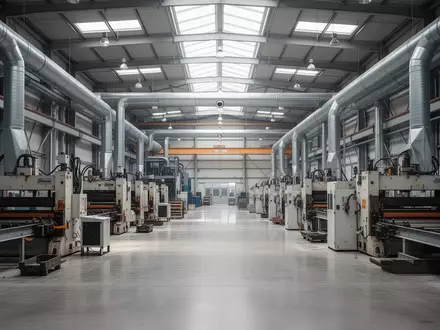 Innenansicht einer modernen, hochautomatisierten Industriefabrik mit großen Fertigungsmaschinen und hohen Hallendecken. - Foto: über boerse-global.de
