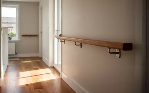 Ein heller Flur mit einem stabilen Handlauf an der Wand als Sicherheitsmaßnahme zur Sturzprävention in einer Wohnung. - Foto: über boerse-global.de