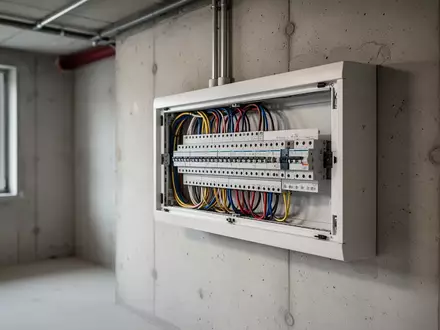 Moderner Sicherungskasten an einer Betonwand in einem Kellerraum. - Foto: über boerse-global.de