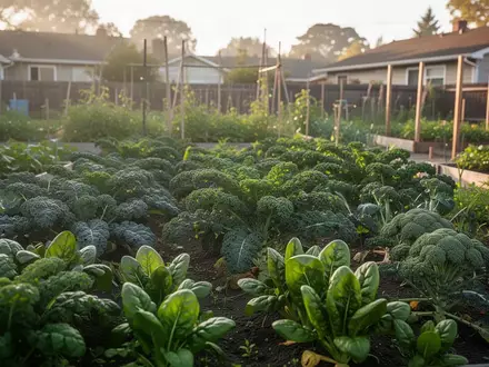 Nahaufnahme eines sonnendurchfluteten Gemüsegartens mit frischem Blattgemüse in einem Beet. - Foto: über boerse-global.de
