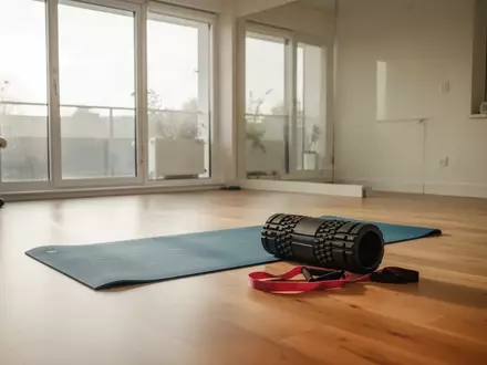 Ein heller, minimalistischer Physiotherapieraum mit einer Gymnastikmatte, einer Faszienrolle und einem Widerstandsband auf dem Boden. - Foto: über boerse-global.de