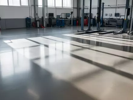 Ein sauberer, heller Werkstattboden aus Beton in einer Kfz-Werkstatt mit einfallendem Tageslicht und Schattenwürfen. - Foto: über boerse-global.de
