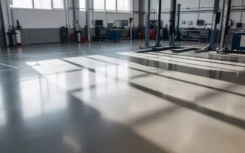 Ein sauberer, heller Werkstattboden aus Beton in einer Kfz-Werkstatt mit einfallendem Tageslicht und Schattenwürfen. - Foto: über boerse-global.de
