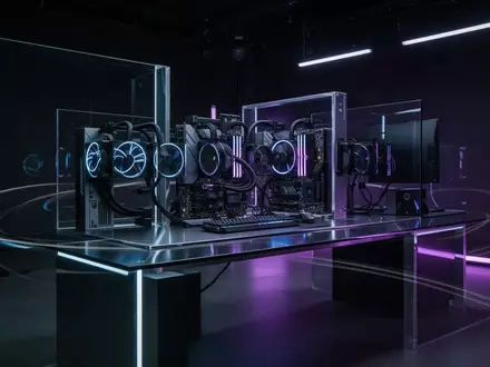 Ein minimalistischer, modern gestalteter Arbeitsbereich mit hochmoderner Computer-Hardware in dunkler, atmosphärischer Beleuchtung. - Foto: über boerse-global.de
