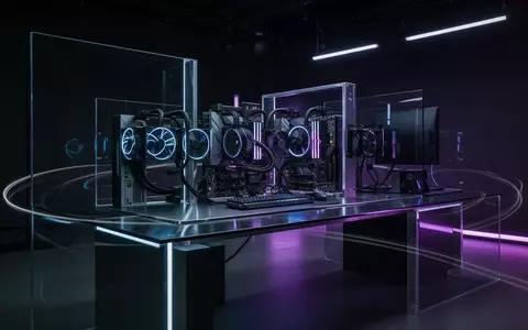 Ein minimalistischer, modern gestalteter Arbeitsbereich mit hochmoderner Computer-Hardware in dunkler, atmosphärischer Beleuchtung. - Foto: über boerse-global.de