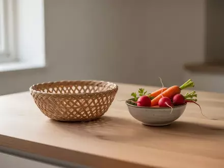 Eine helle, minimalistische Holzküche mit einem Korb und frischem Gemüse auf der Arbeitsplatte in natürlichem Licht. - Foto: über boerse-global.de
