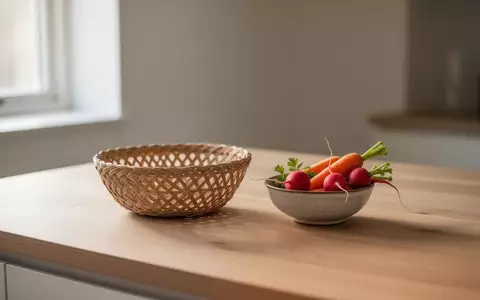 Eine helle, minimalistische Holzküche mit einem Korb und frischem Gemüse auf der Arbeitsplatte in natürlichem Licht. - Foto: über boerse-global.de