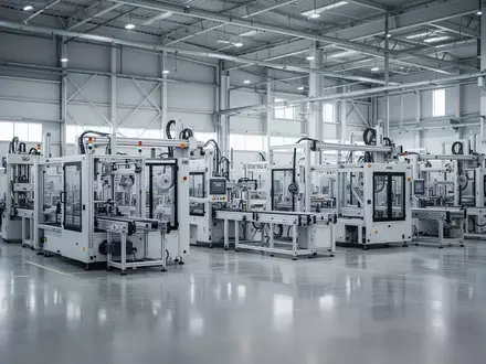 Moderne, automatisierte Industriehalle mit Präzisionsmaschinen in einer Fertigungsanlage ohne Personen. - Foto: über boerse-global.de