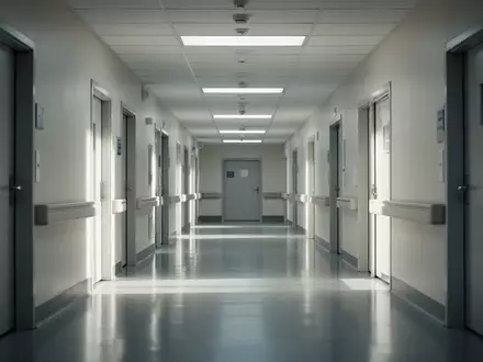 Ein steriler, menschenleerer Krankenhausflur mit glänzendem Boden und geschlossenen Türen bei natürlichem Lichteinfall. - Foto: über boerse-global.de