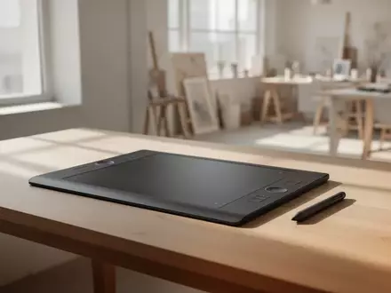 Ein moderner, aufgeräumter Arbeitsplatz mit einem Grafiktablett und Stift auf einem Holztisch in hellem, natürlichem Licht. - Foto: über boerse-global.de
