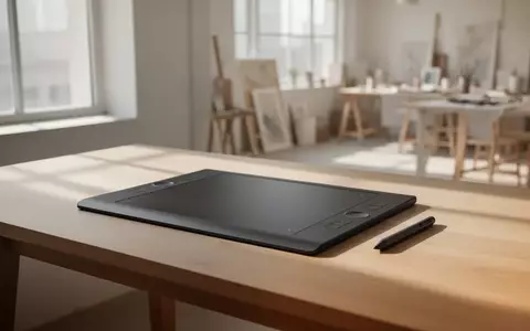 Ein moderner, aufgeräumter Arbeitsplatz mit einem Grafiktablett und Stift auf einem Holztisch in hellem, natürlichem Licht. - Foto: über boerse-global.de