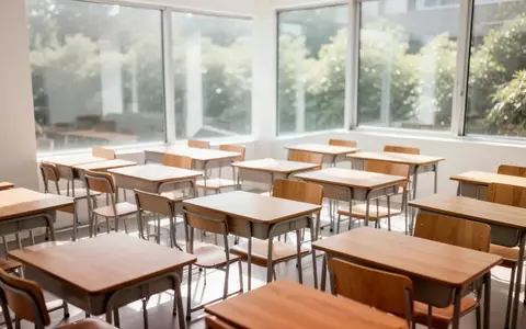 Ein heller, leerer Klassenraum mit Holztischen und Stühlen in einer modernen Schule bei Tageslicht. - Foto: über boerse-global.de