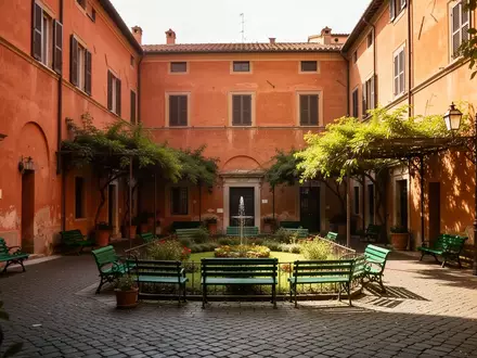 Ein sonniger, ruhiger Innenhof in Bologna mit Kopfsteinpflaster, schattigen Sitzgelegenheiten und warmen Terrakotta-Fassaden. - Foto: über boerse-global.de